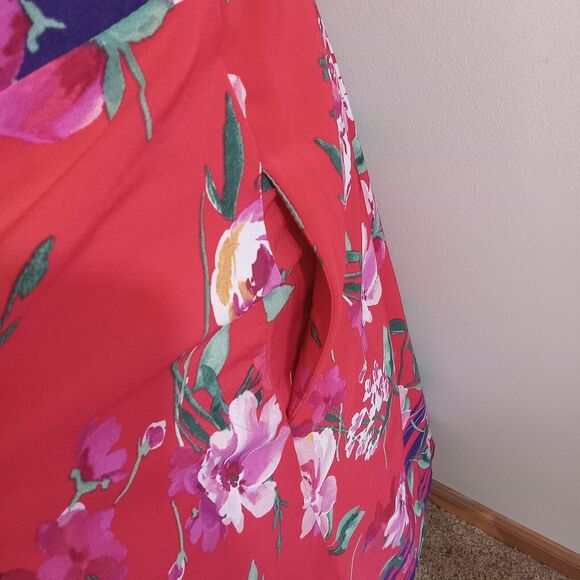 Chris McLaughlin Size 16 Dress Red Pink White Floral Maxi Faux Wraparound - Picture 9 of 15